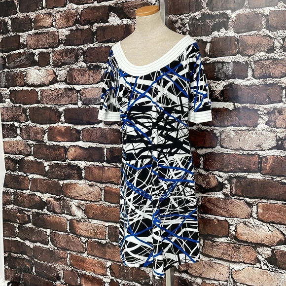 Anne Klein Dress Womens Large Blue Line Pattern Short Sleeve A-Line Midi - Picture 6 of 16